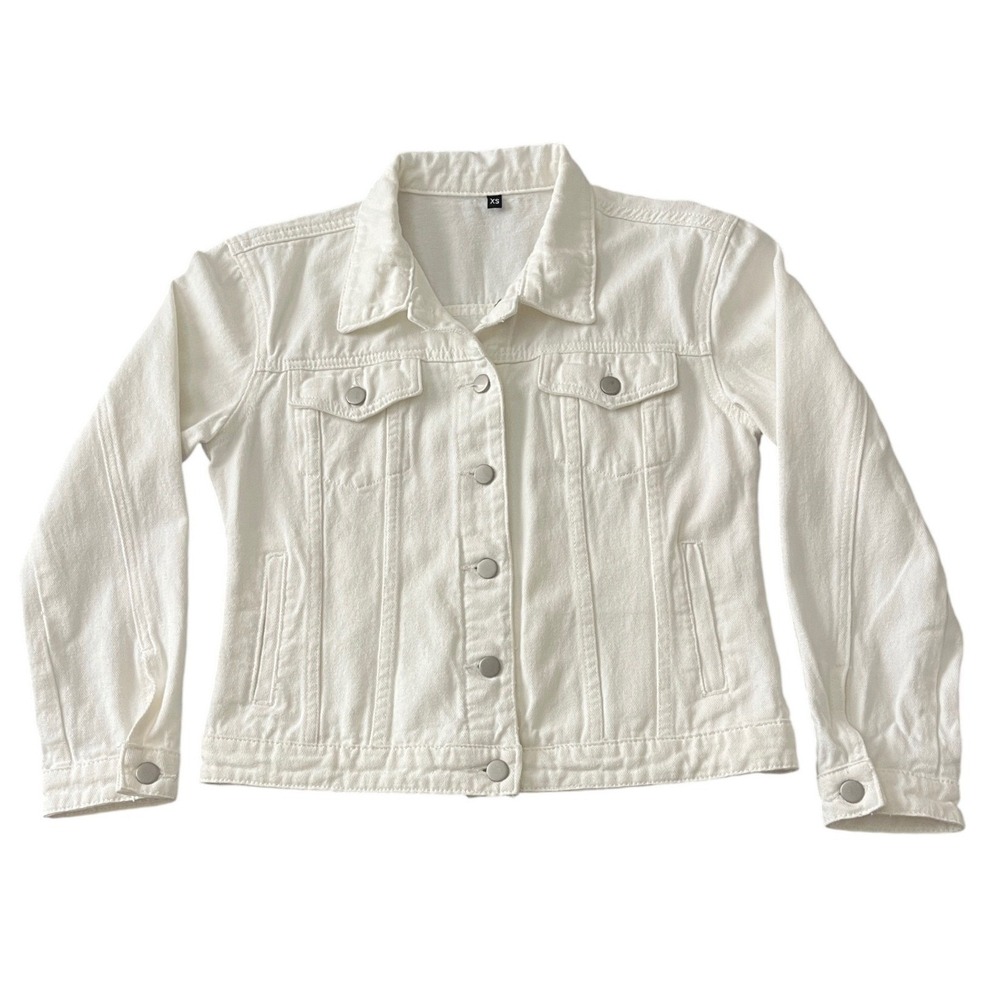 Womens White Denim Trucker Jacket 100% Cotton Button Up Jean Coat XS